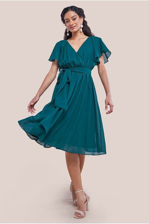 Sustainable Flutter Sleeve Chiffon Wrap Midi Dress - Green by Goddiva