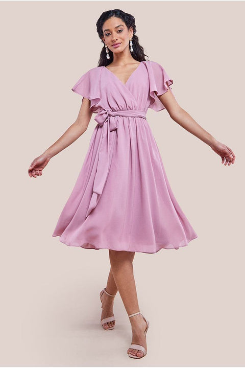 Sustainable Flutter Sleeve Chiffon Wrap Midi Dress - Lavender by Goddiva