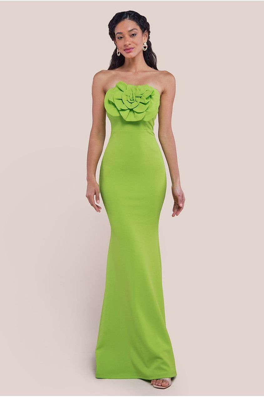 Scuba Crepe Bandeau Rose Maxi Dress - Lime Green DR4243