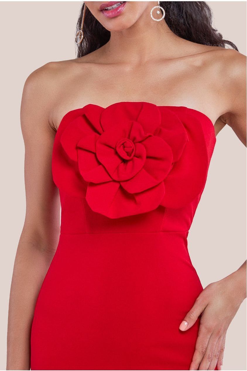 Scuba Crepe Bandeau Rose Maxi Dress - Red DR4243