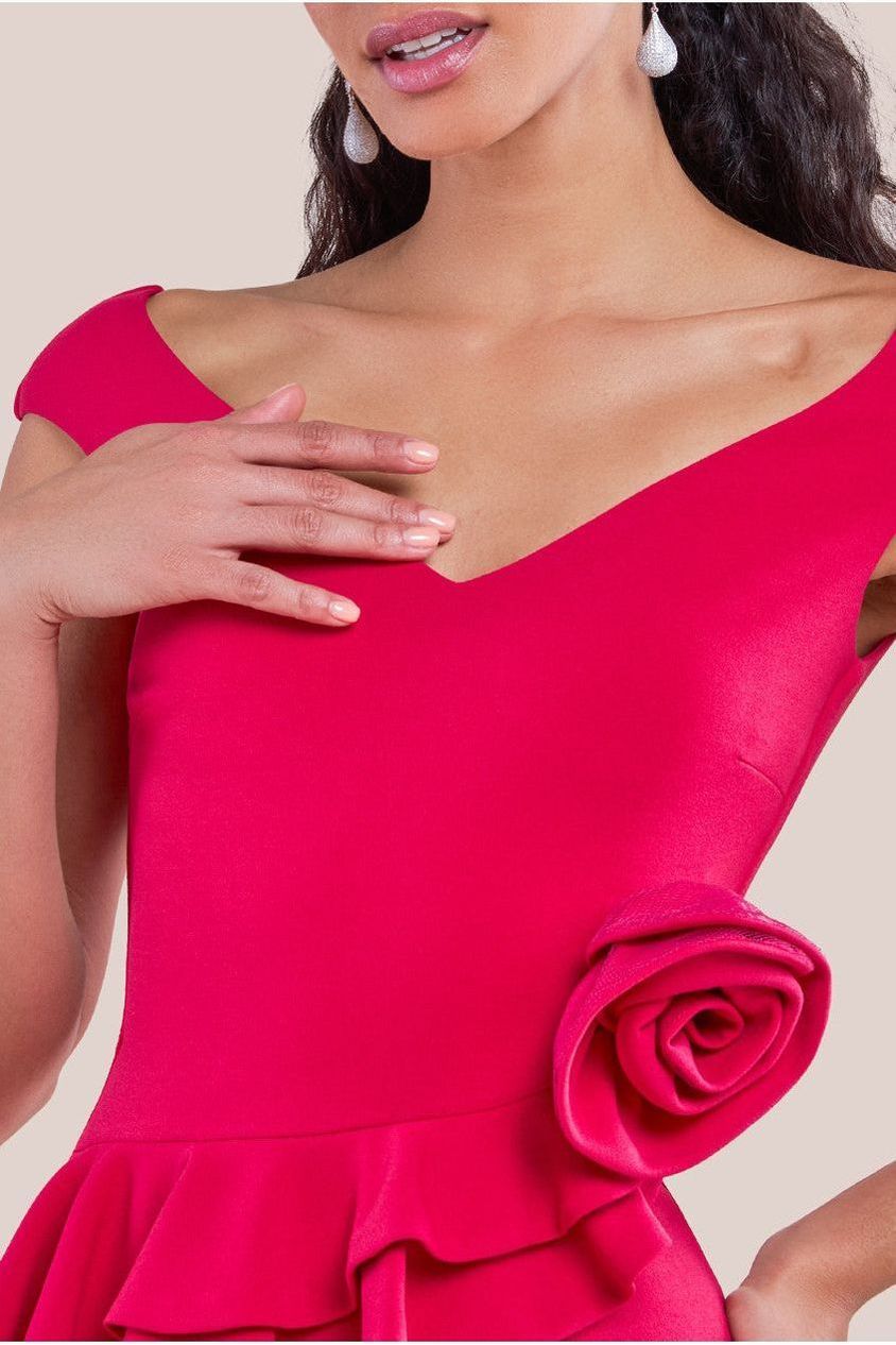 Scuba Crepe Rose Frill Maxi Dress - Magenta DR4281