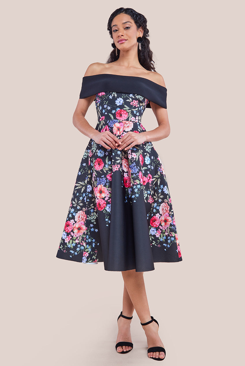 Scuba Foam Floral Bardot Midi Dress - Black DR4302