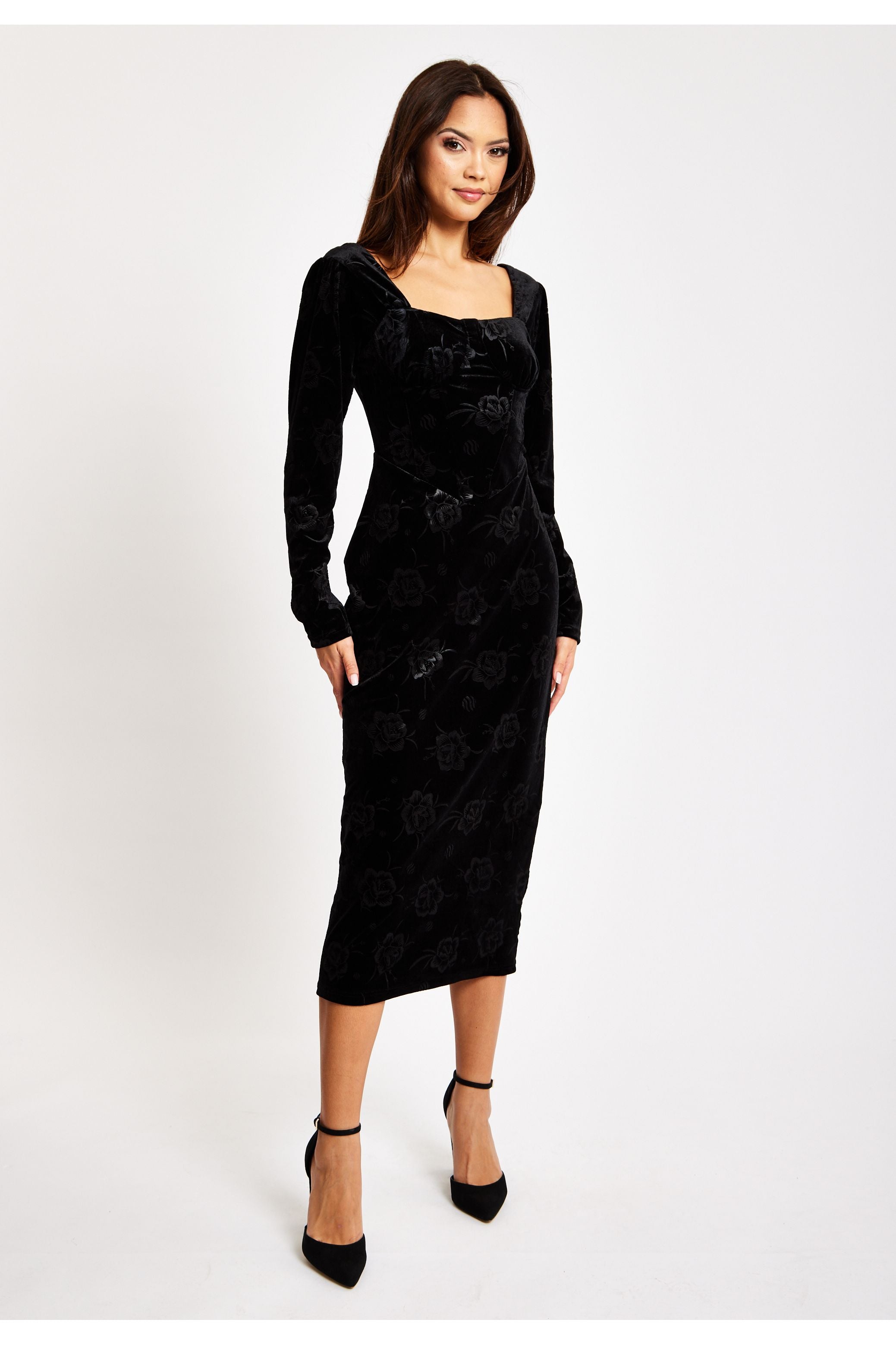 Corset Detail Midi Black Velvet Dress LIQ23AW030BL