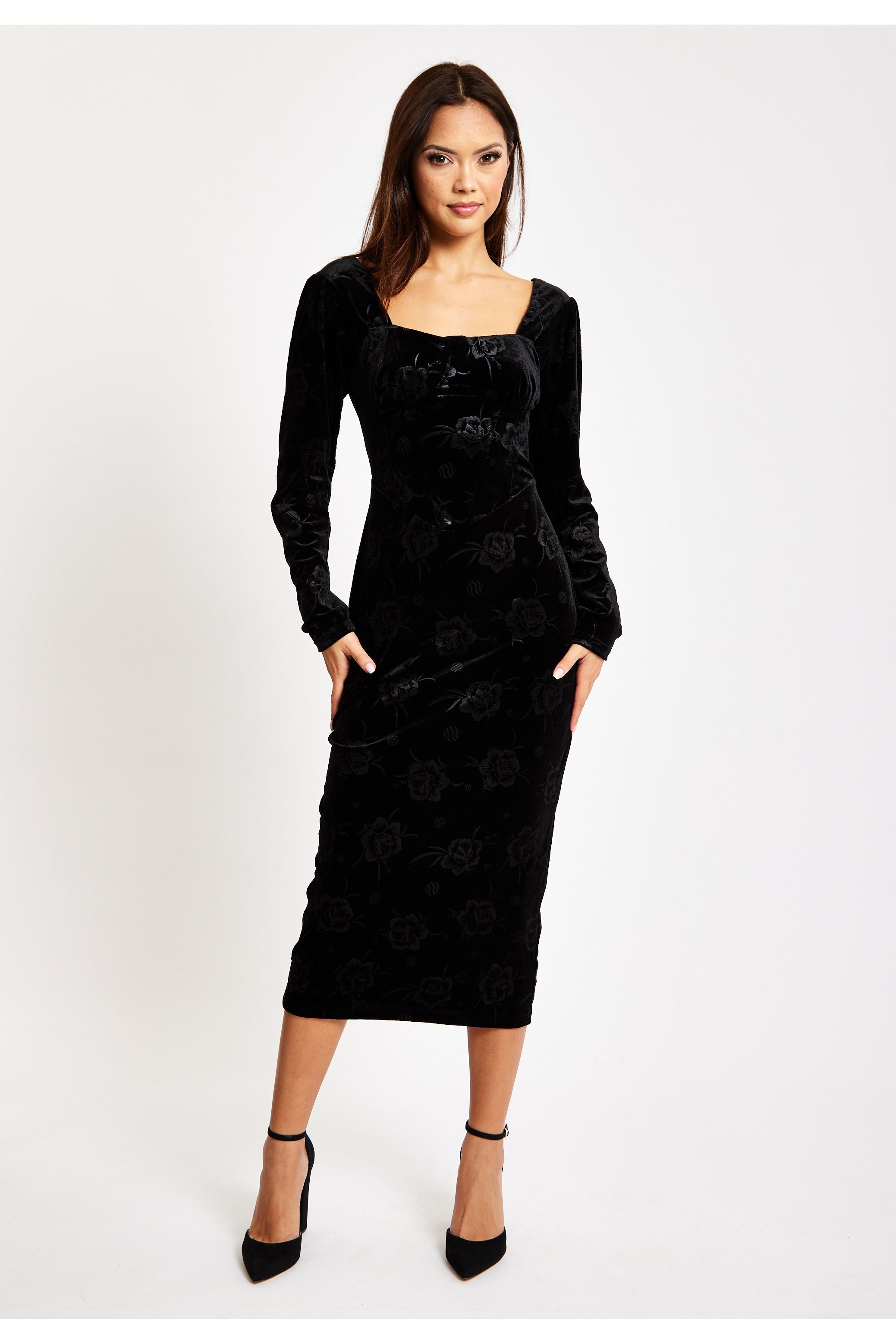 Corset Detail Midi Black Velvet Dress LIQ23AW030BL