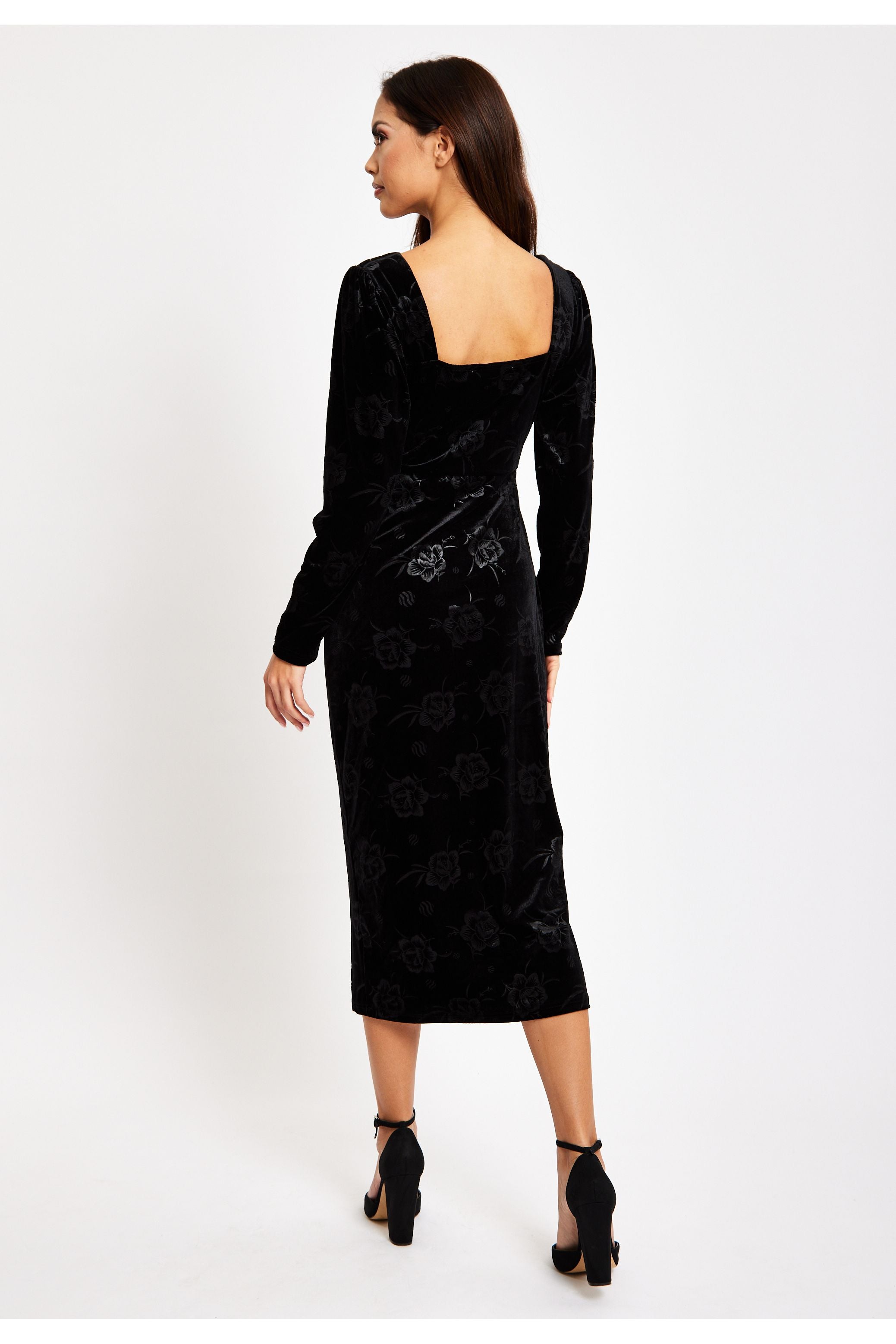 Corset Detail Midi Black Velvet Dress LIQ23AW030BL