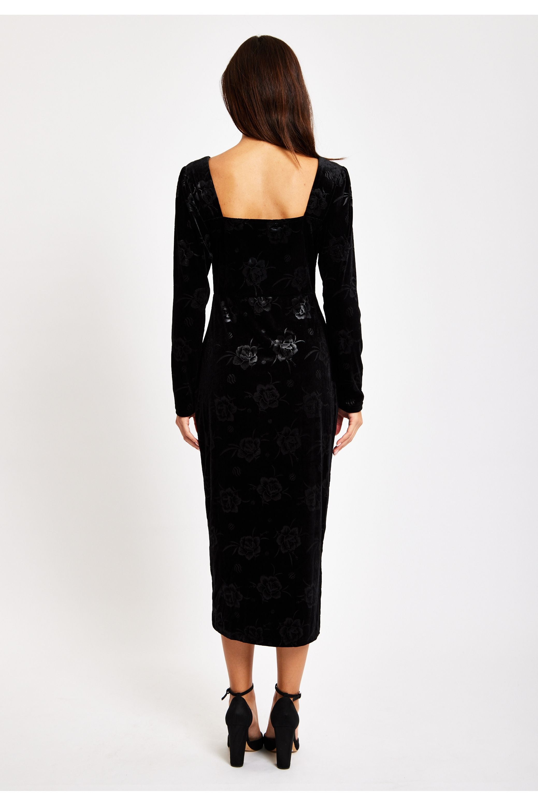 Corset Detail Midi Black Velvet Dress LIQ23AW030BL