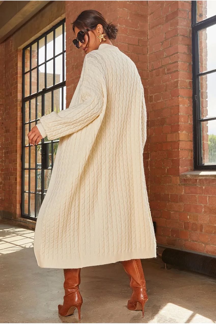 All-Over Knitted Cable Longline Cardigan In Cream EM0345DCR