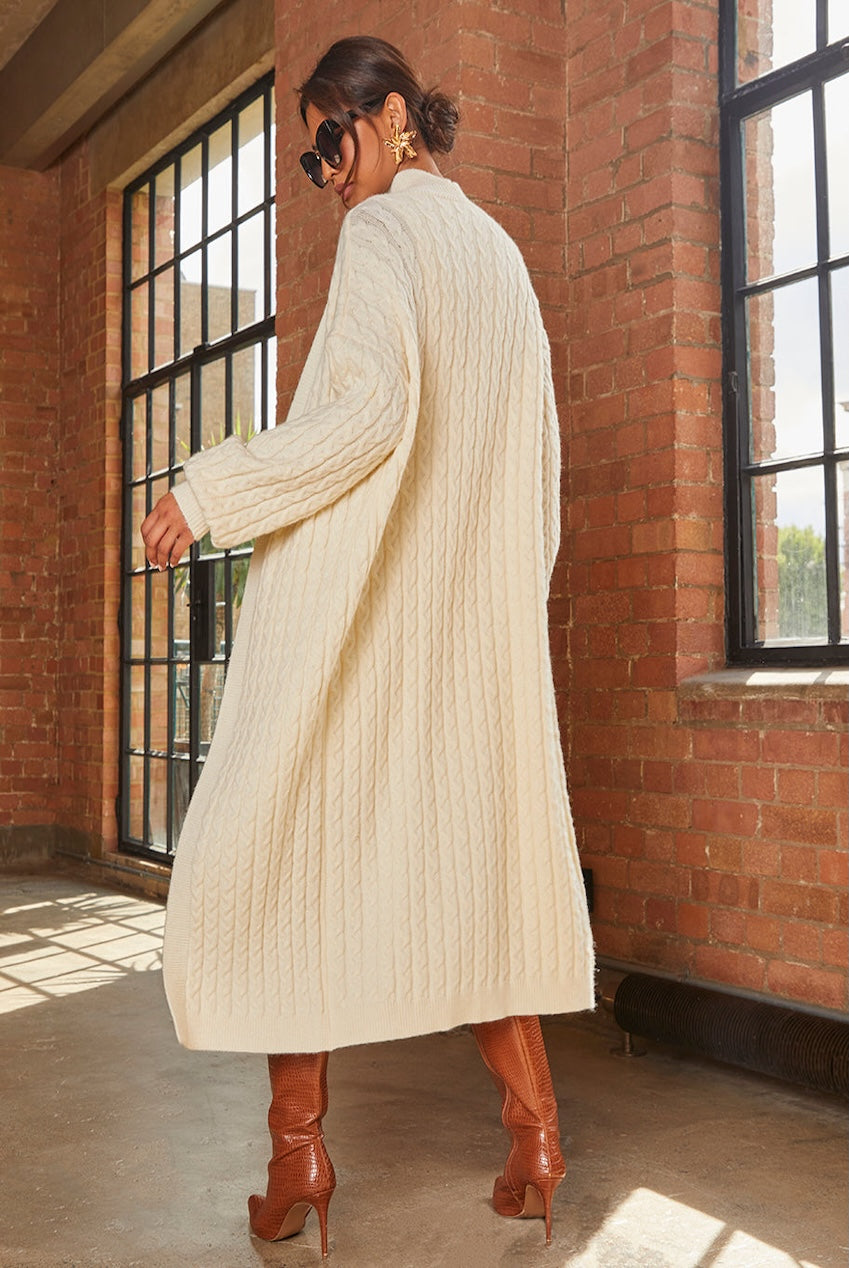 All-Over Knitted Cable Longline Cardigan In Cream EM0345DCR