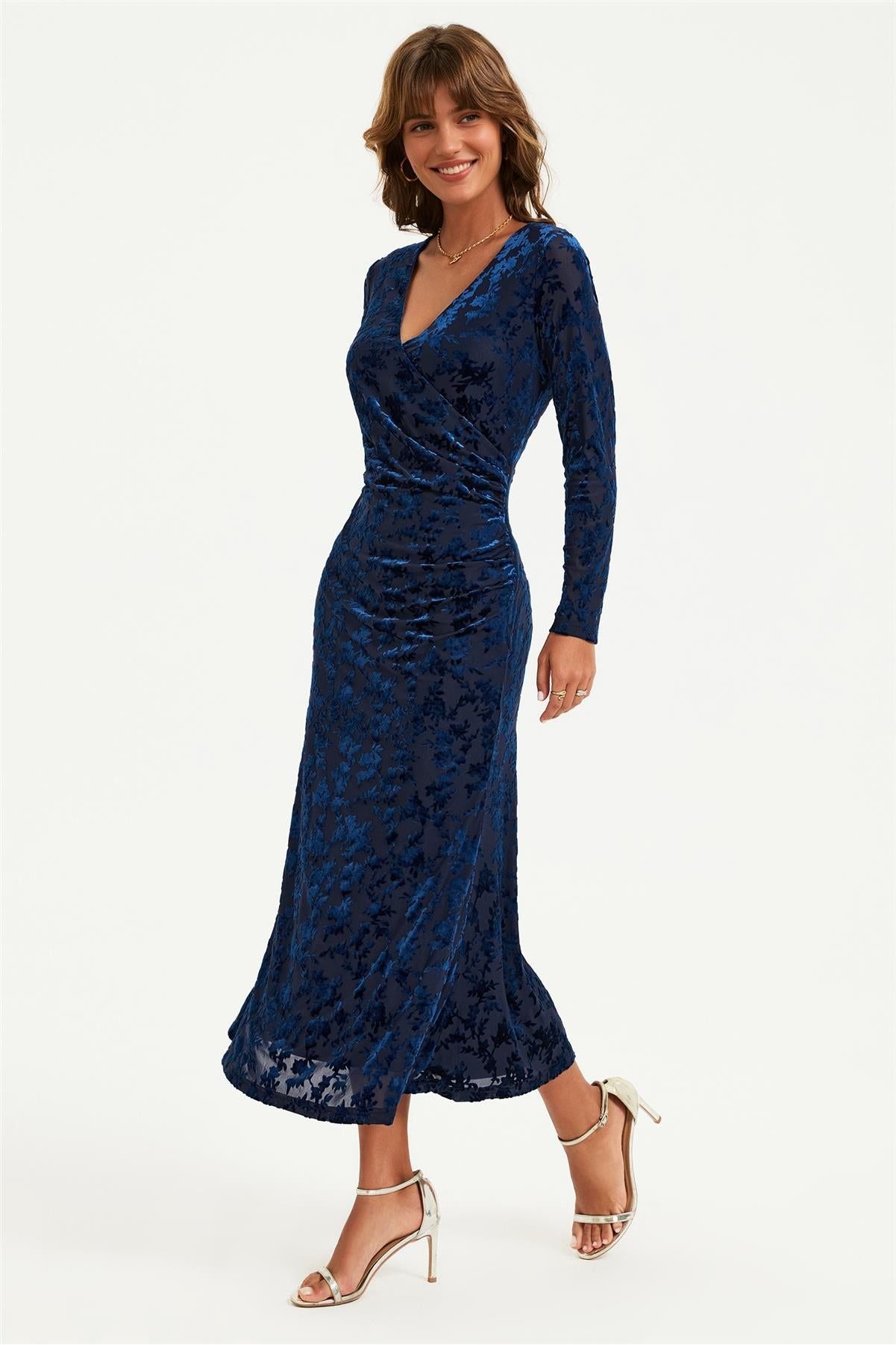 Floral Velvet Devore Long Sleeve Wrap Midi Dress In Navy FS902-NVF