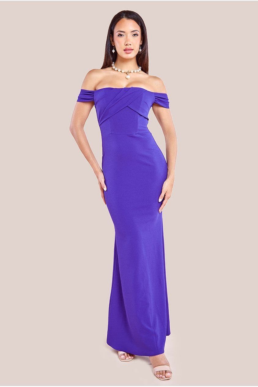 Pleated Bardot Scuba Maxi Dress - Purple | Goddiva Pleated Bardot Scuba Maxi Dress - Purple | Goddiva