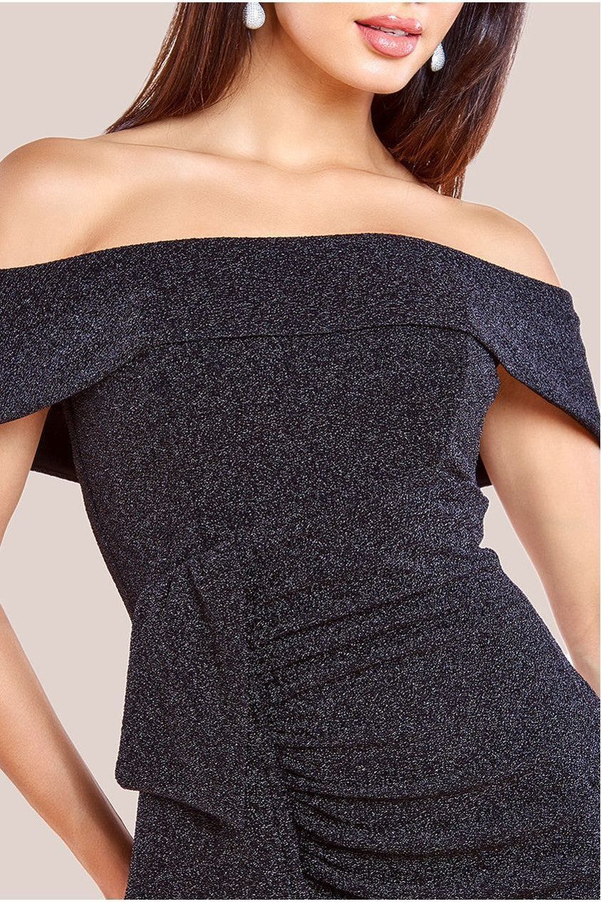 Sparkling Bardot Midi With Waterfall Ruffle - Black DR4030