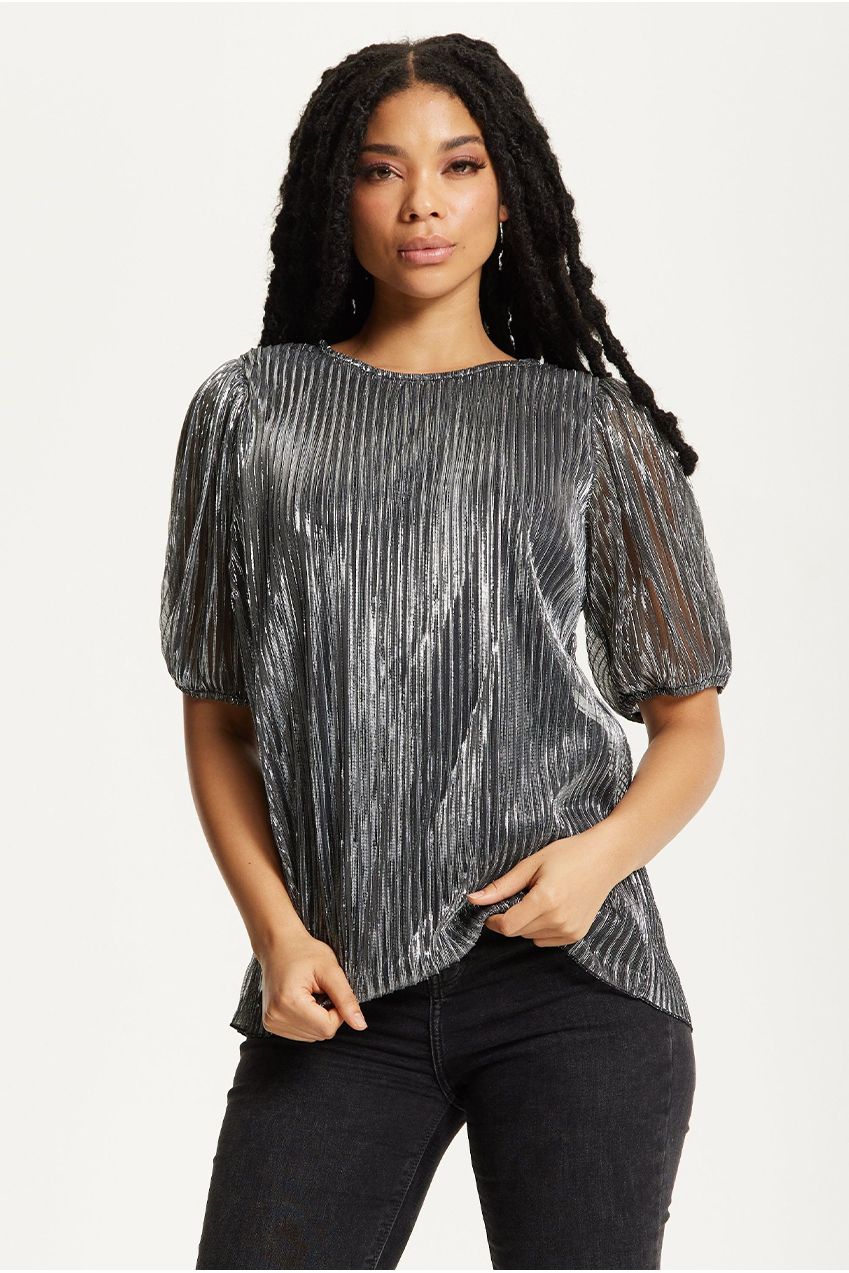 Metallic Pleated Puff Sleeve Top 25AW-53016