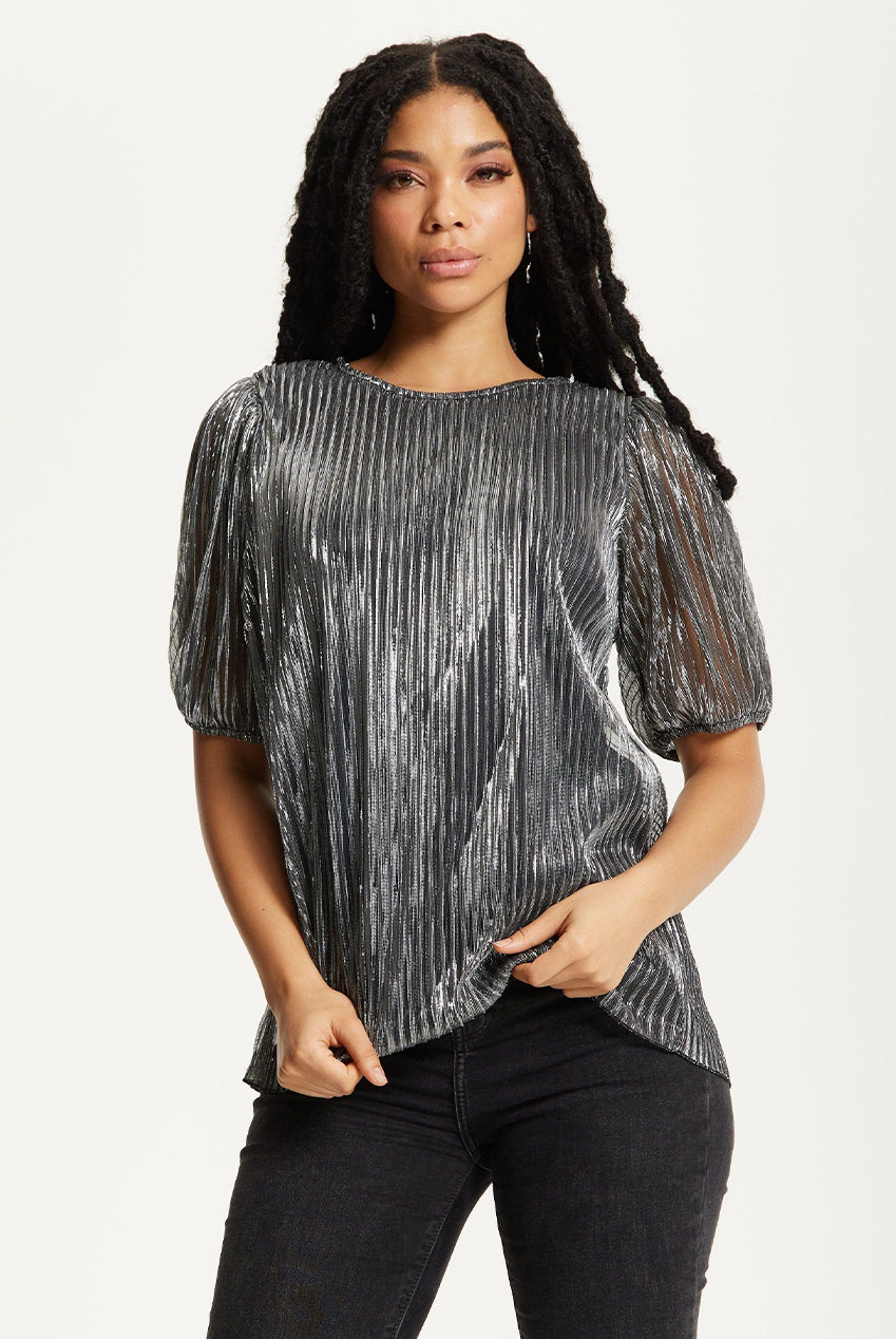 Metallic Pleated Puff Sleeve Top 25AW-53016