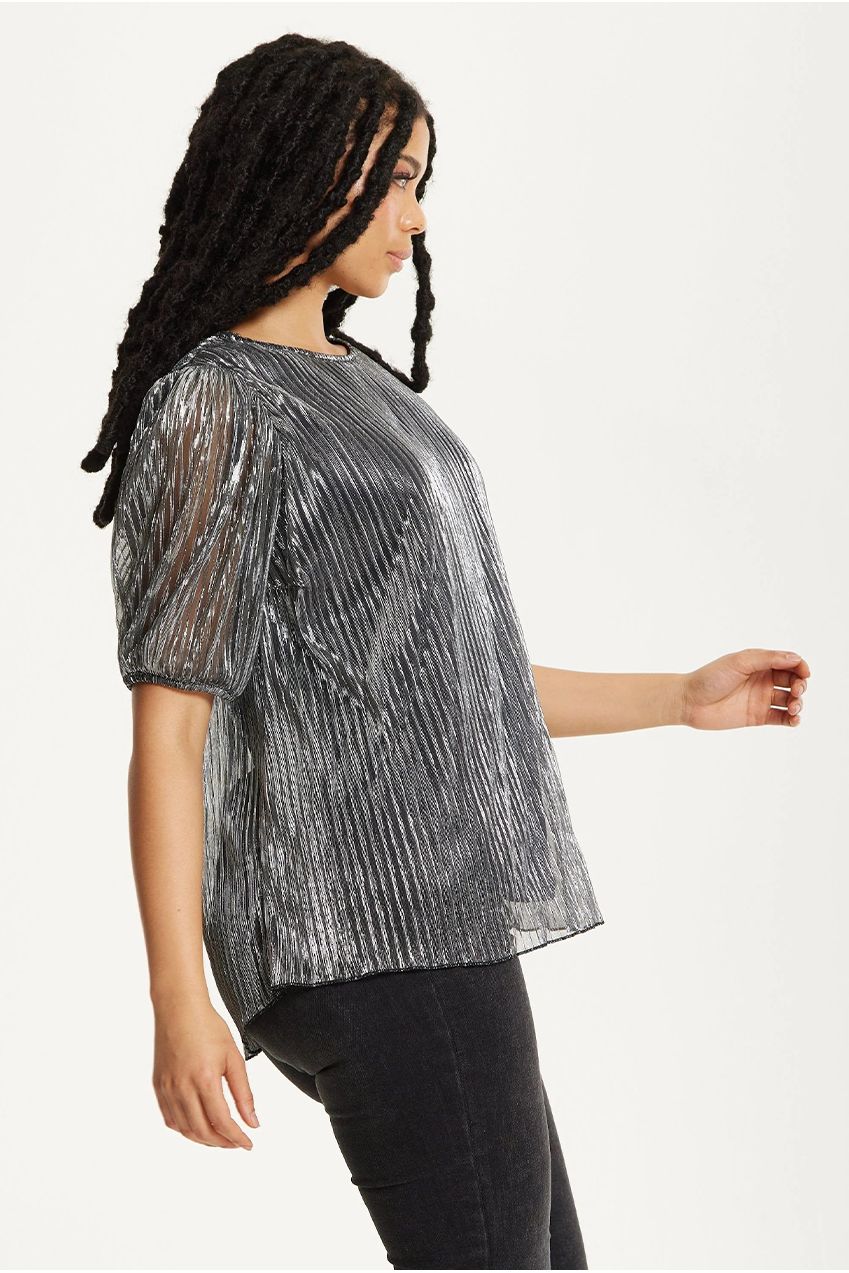 Metallic Pleated Puff Sleeve Top 25AW-53016