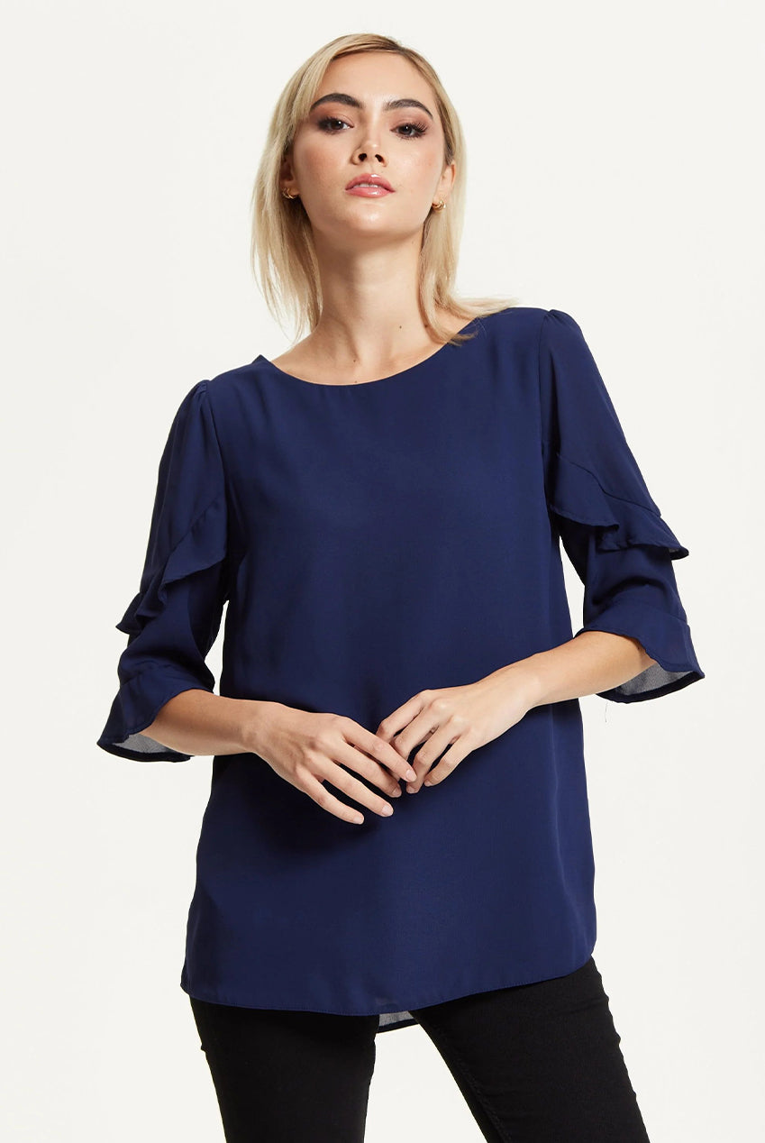 Navy Ruffle Sleeve Blouse 25AW-61009