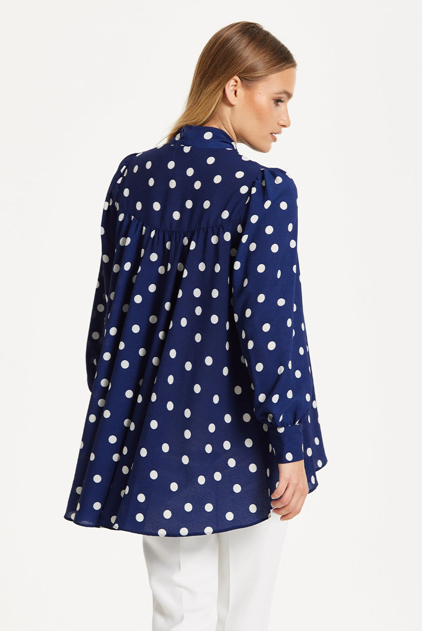 Navy Polka Dot Flared Hem Blouse 25SS8866009