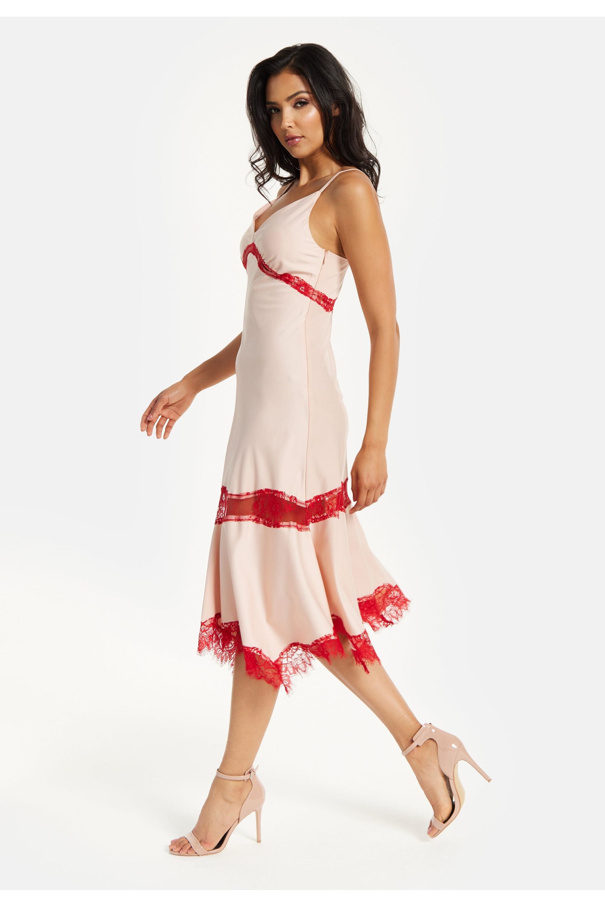 Elegant Pink Midi Dress With Lace Details MYL017