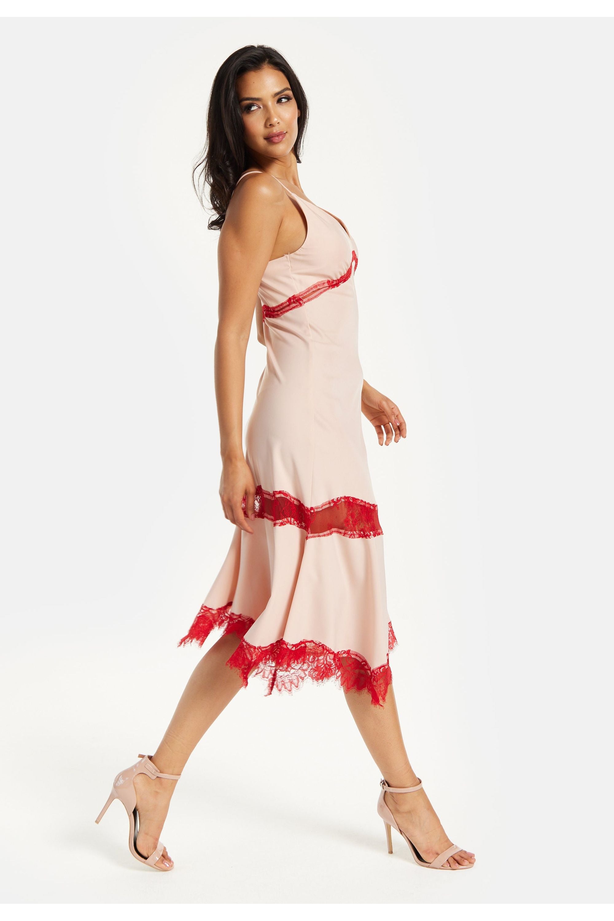 Elegant Pink Midi Dress With Lace Details MYL017