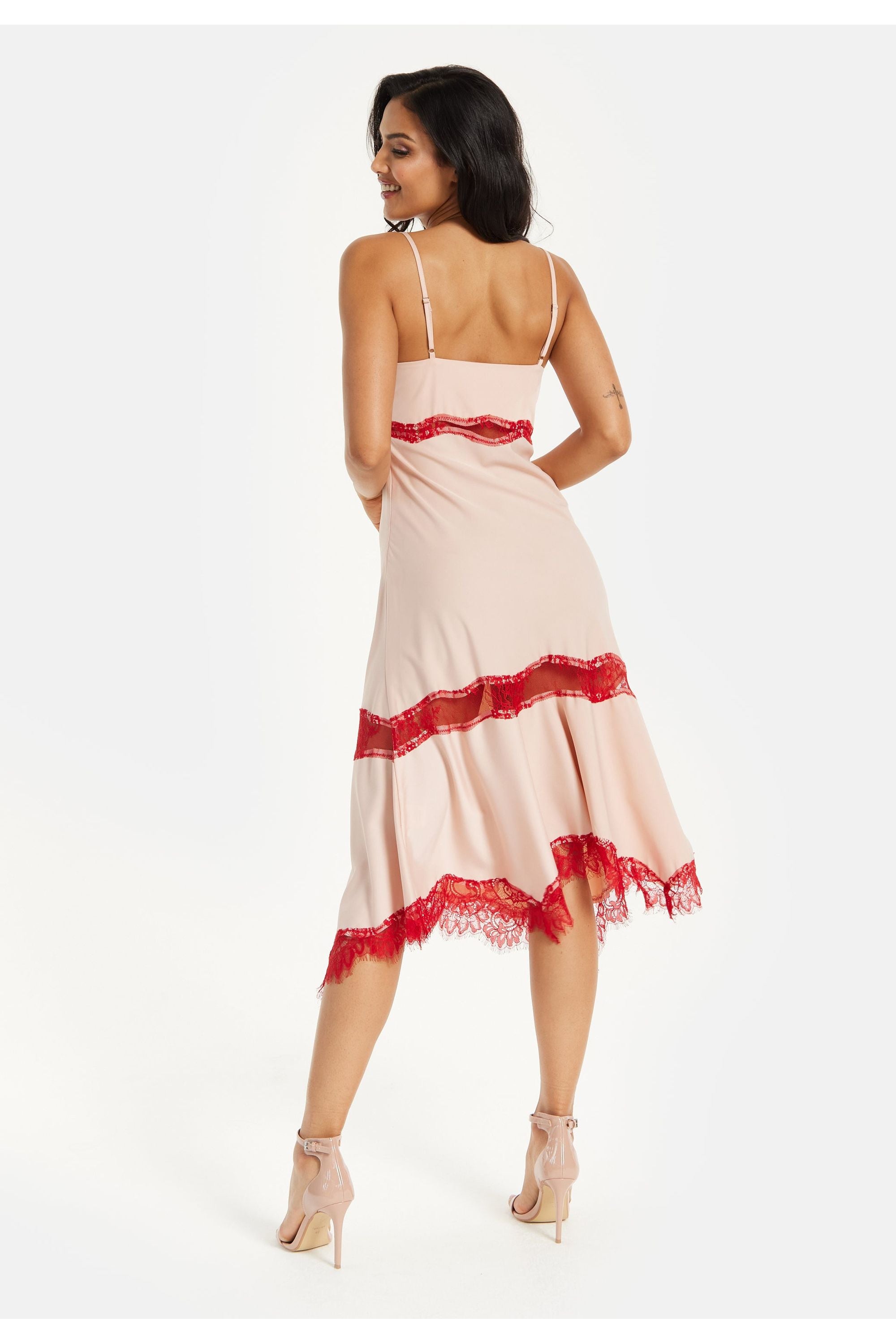 Elegant Pink Midi Dress With Lace Details MYL017