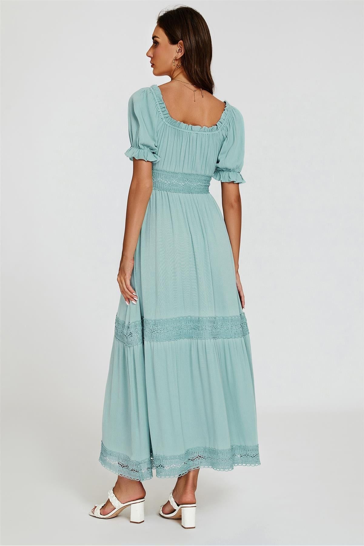 Lace Detail Bardot Maxi Dress In Blue FS829-BLC