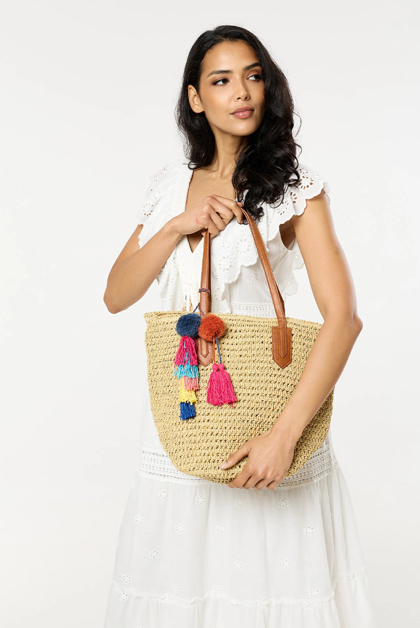 Pom Pom & Tassel Beach Tote Bag L221145B050