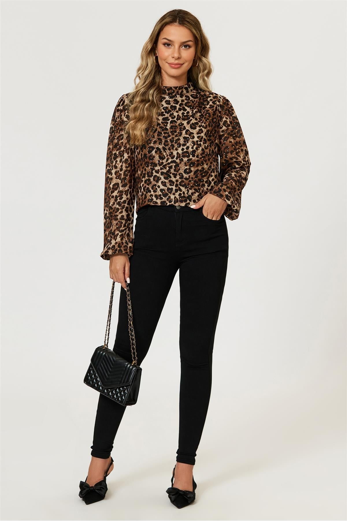Leopard Print Foil Long Sleeve High Neck Top In Brown FS628-LPF