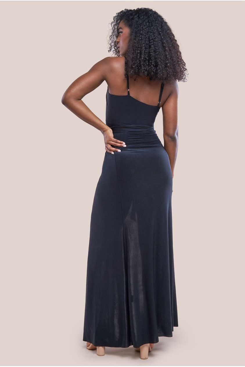 Wrap Front Maxi Slip Dress With Waist Tie-Up - Black DR2250C