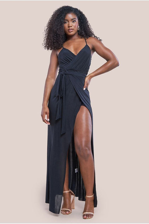 Wrap Front Maxi Slip Dress With Waist Tie-Up - Black by City Goddess
