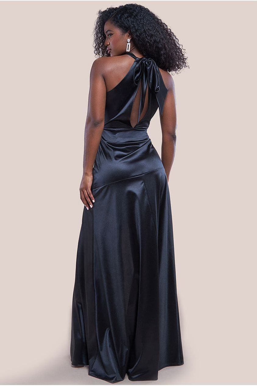 Halter Neck Front Split Satin Maxi Dress - Black DR4398