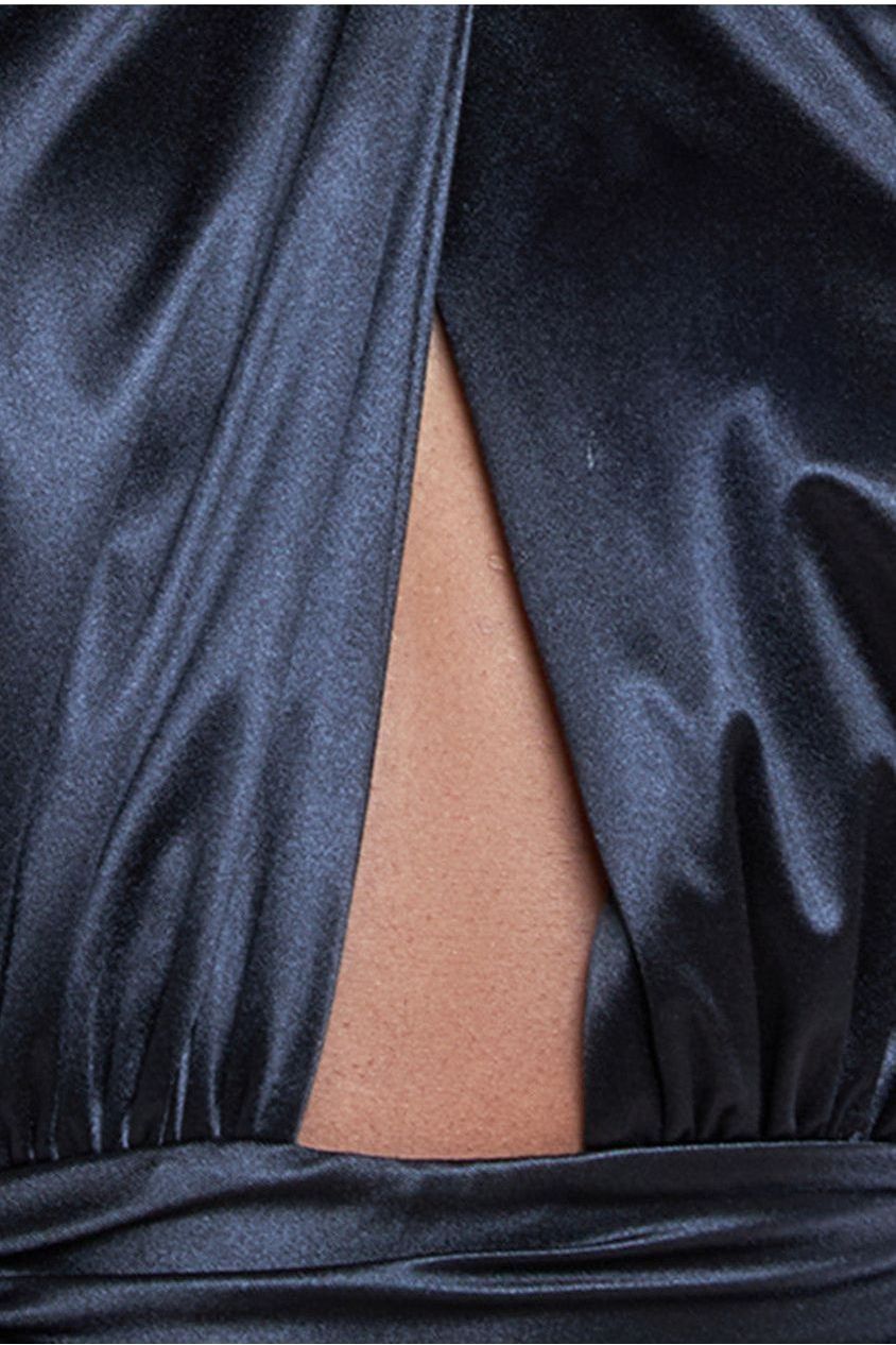 Halter Neck Front Split Satin Maxi Dress - Black DR4398