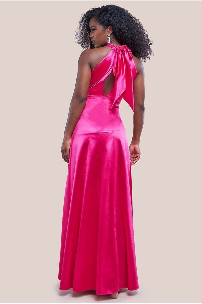 Halter Neck Front Split Satin Maxi Dress - Magenta DR4398