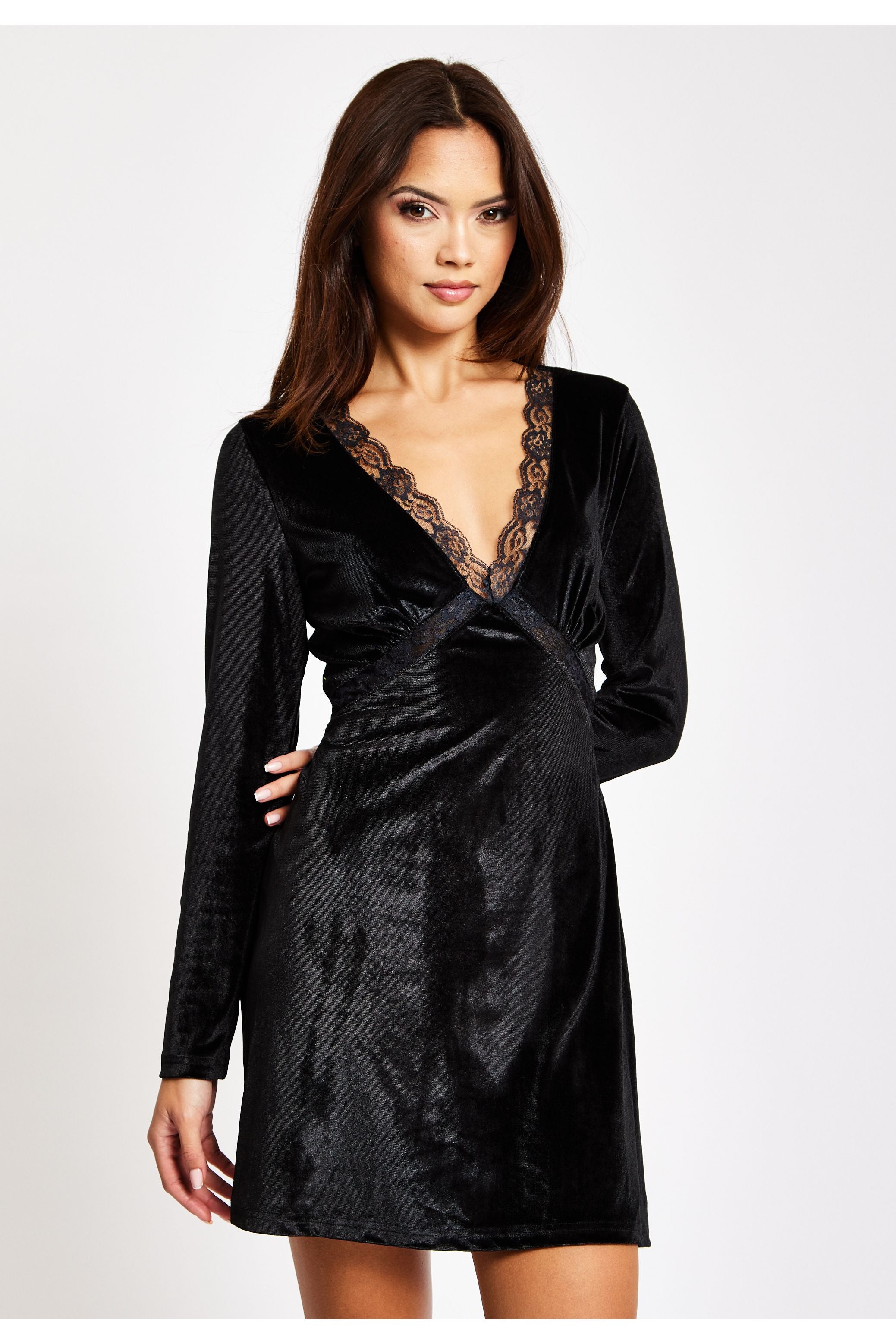 Black Velvet Mini Dress With Lace Details LIQ23AW079BL