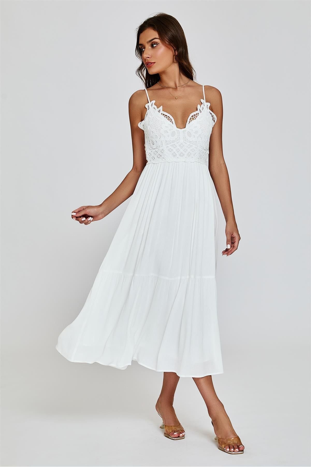 Lace Top Maxi Dress In White FS830-WL