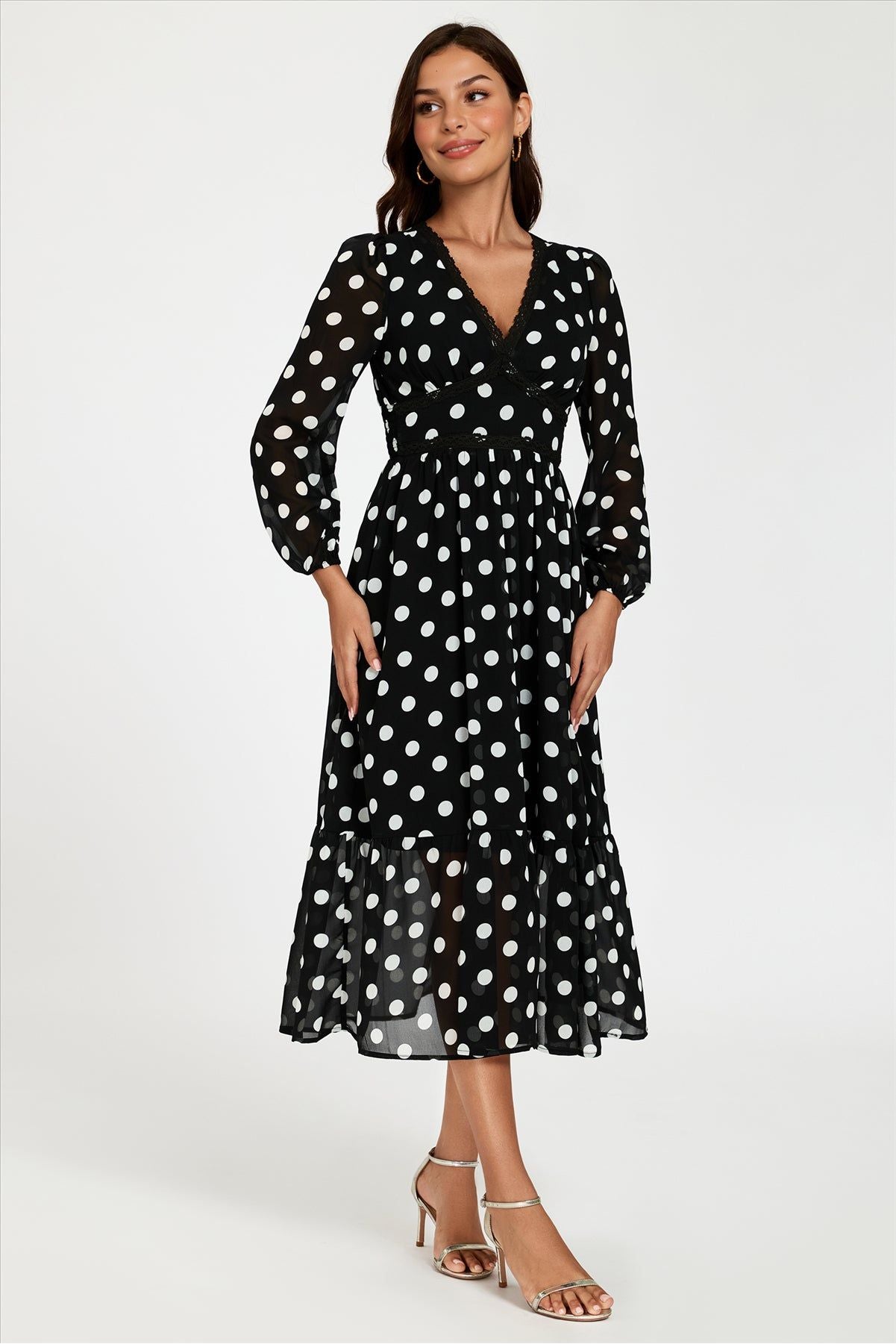 Dot Print Lace Trim Long Sleeve Maxi Dress In Black FS565-BWP