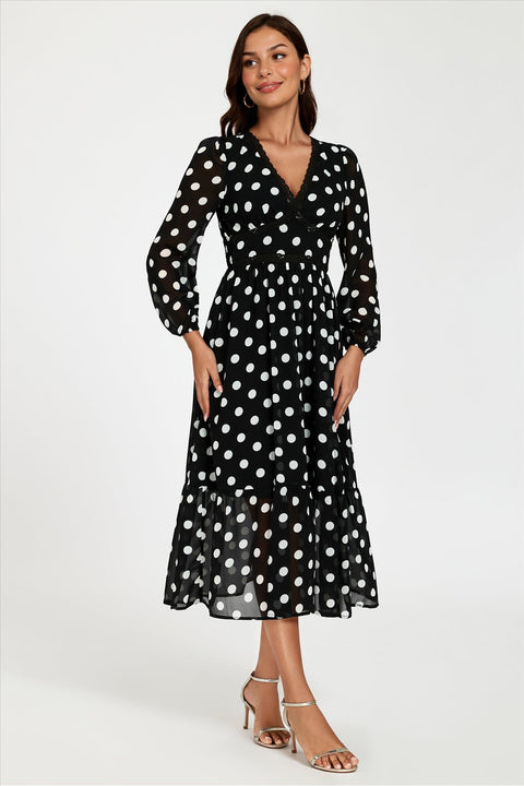 Dot Print Lace Trim Long Sleeve Maxi Dress In Black by FS Collection