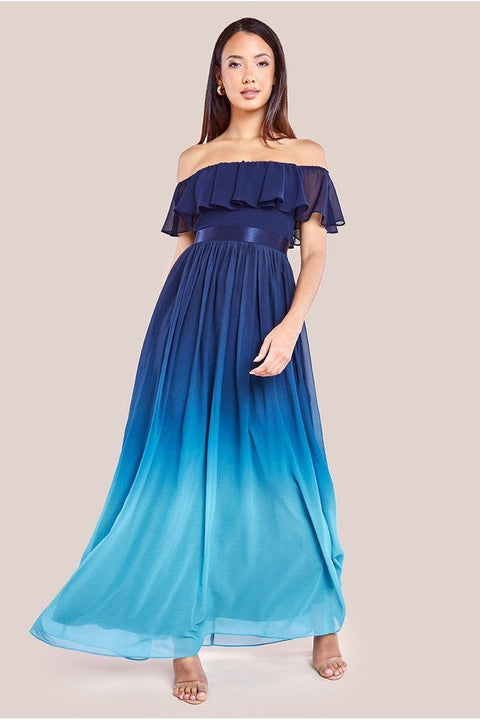 Ombre Chiffon Bardot Frill A-line Maxi Dress - Navy Ombre by Goddiva