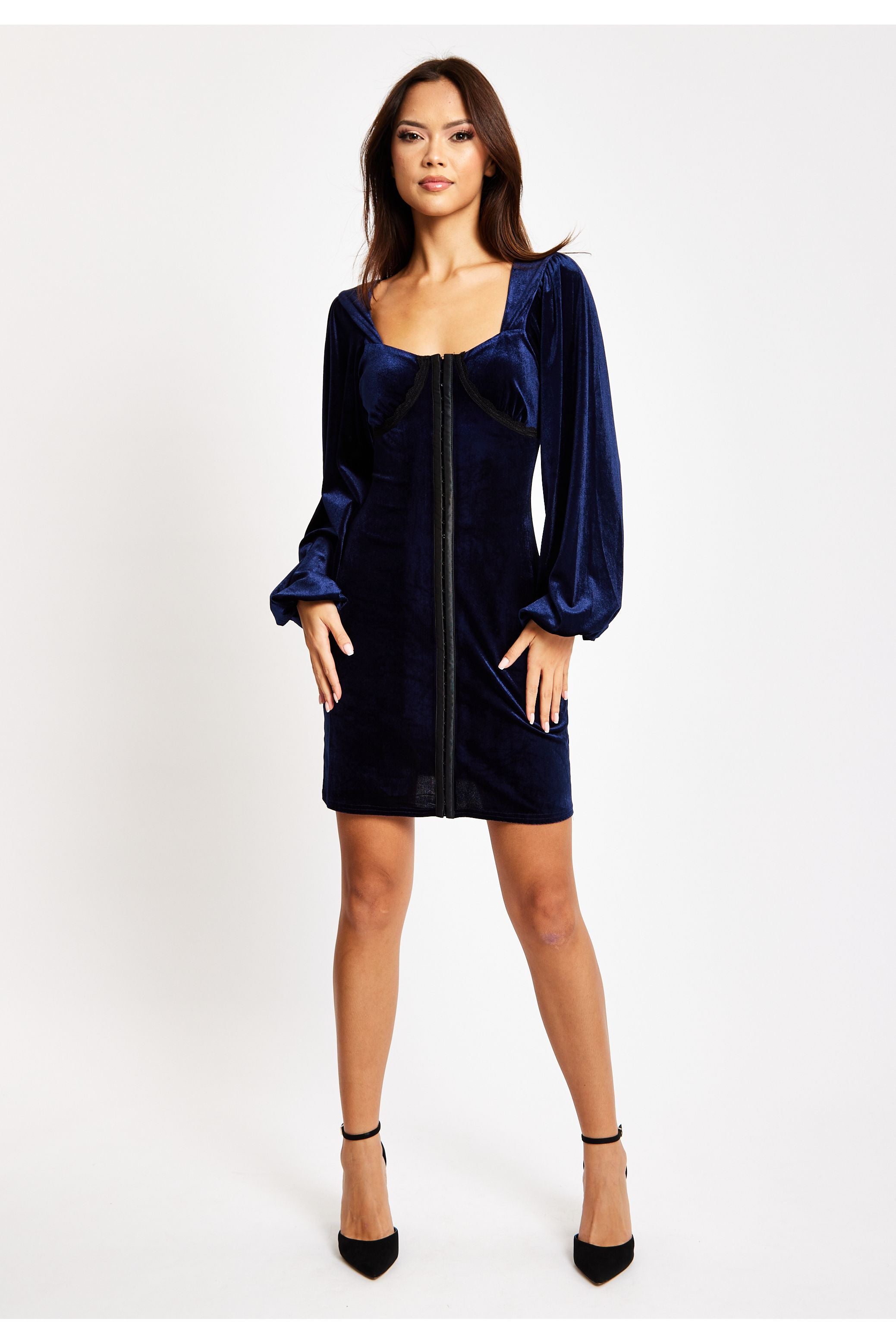 Corset Detail Mini Navy Velvet Dress LIQ23AW067N