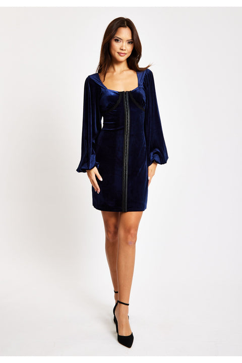Corset Detail Mini Navy Velvet Dress by Liquorish