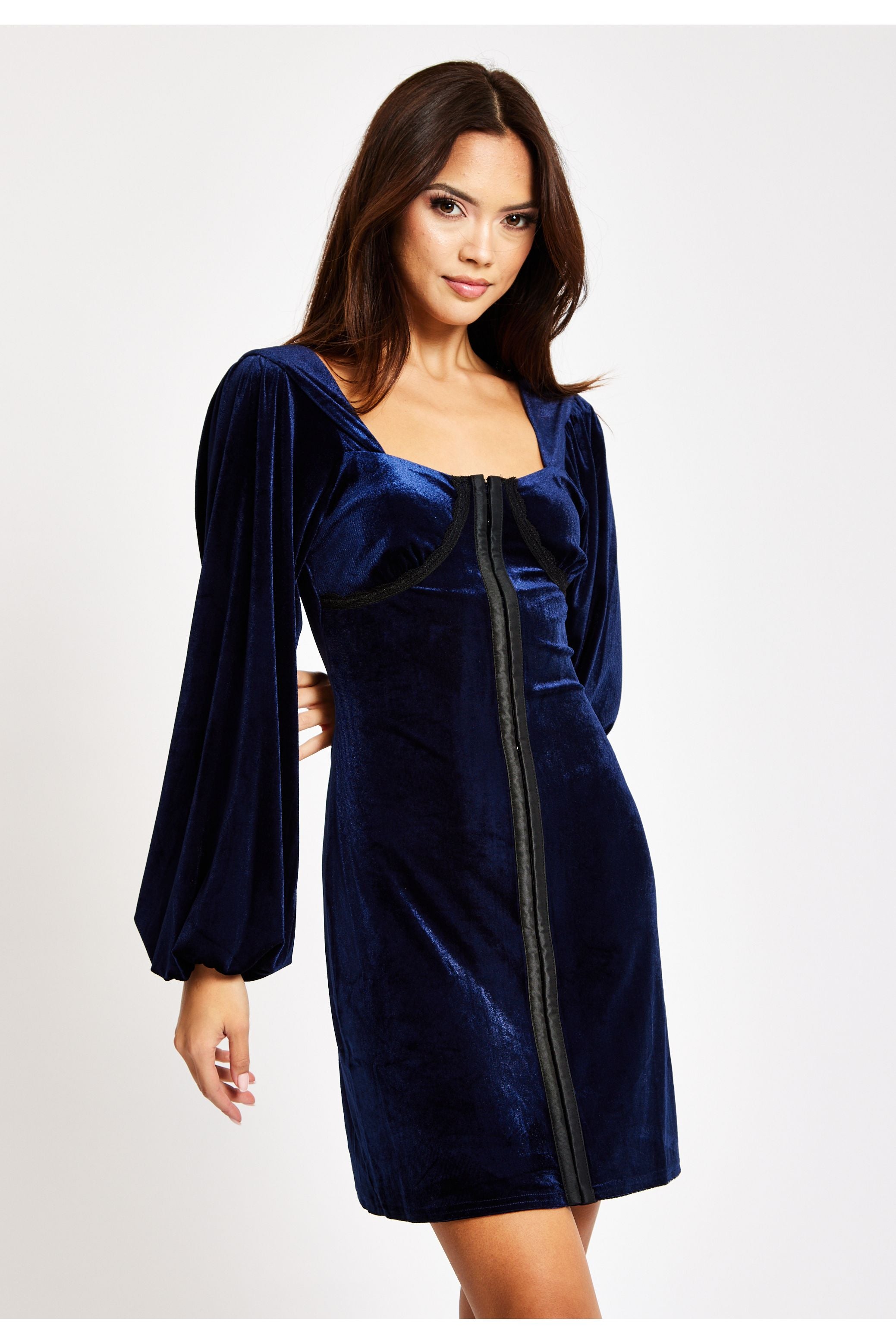 Corset Detail Mini Navy Velvet Dress LIQ23AW067N