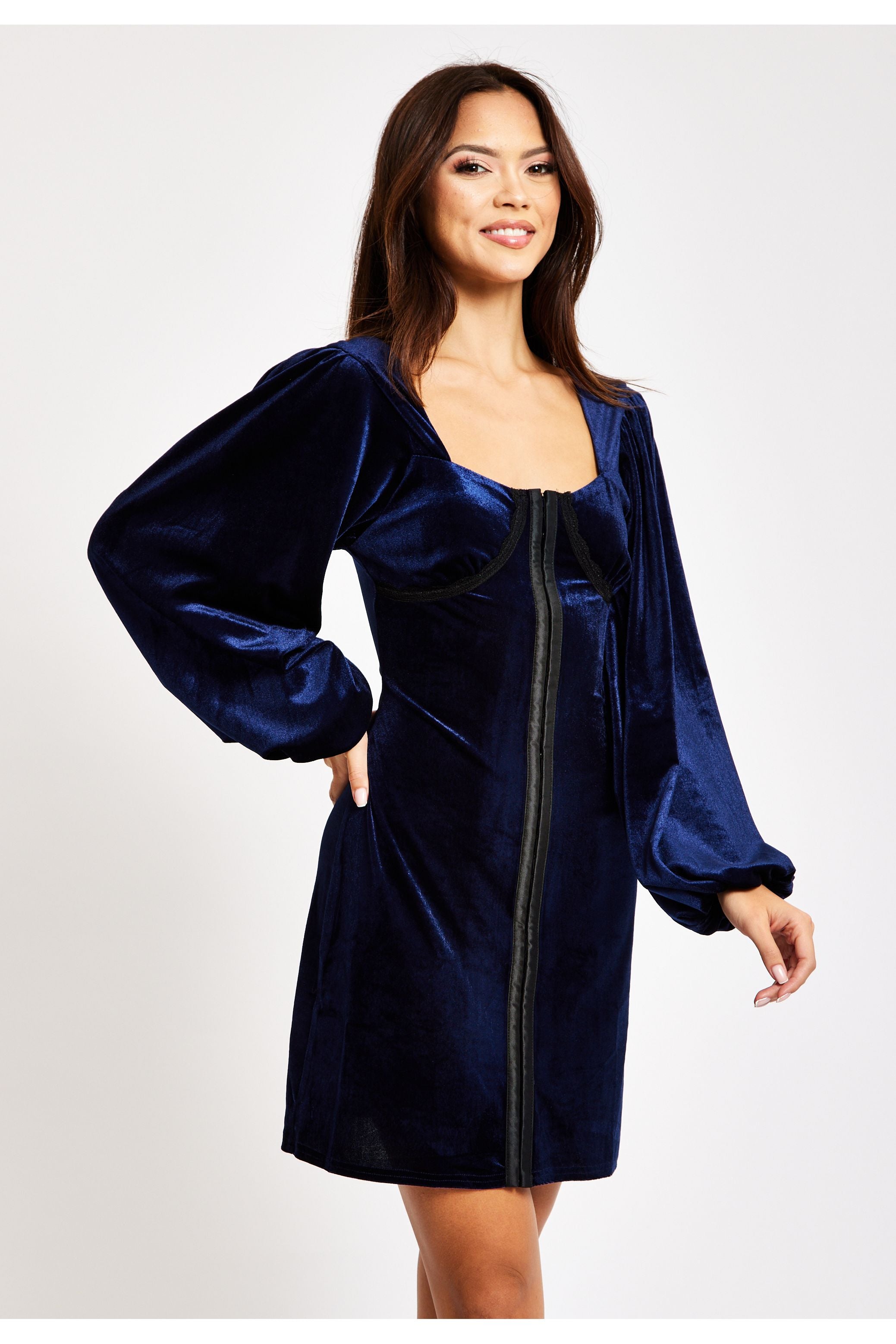 Corset Detail Mini Navy Velvet Dress LIQ23AW067N