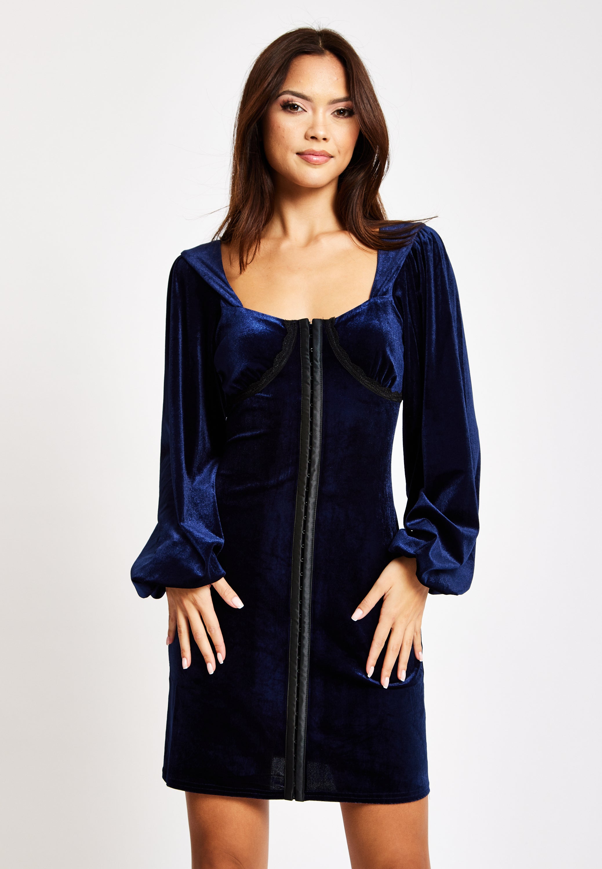 Corset Detail Mini Navy Velvet Dress LIQ23AW067N