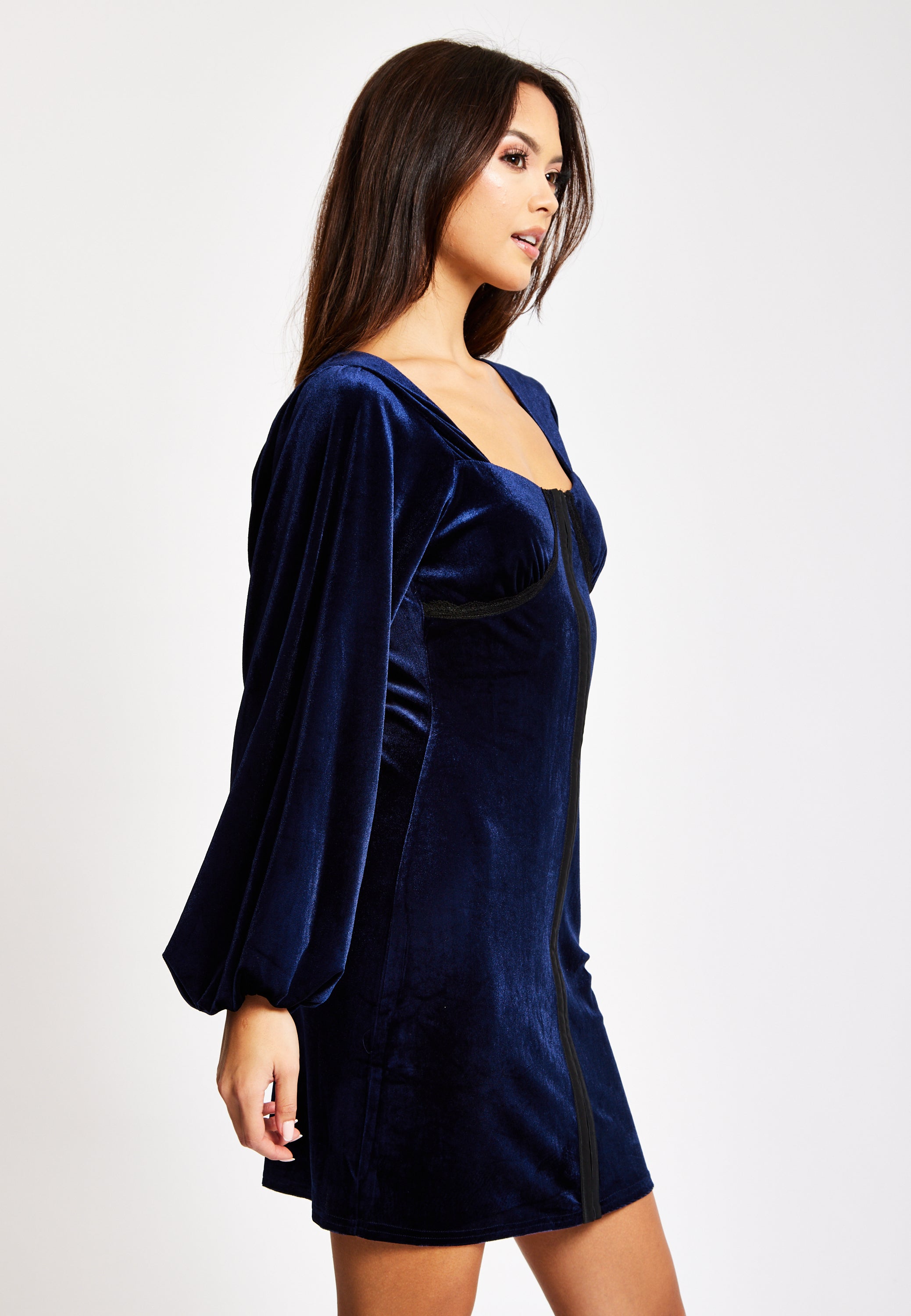 Corset Detail Mini Navy Velvet Dress LIQ23AW067N