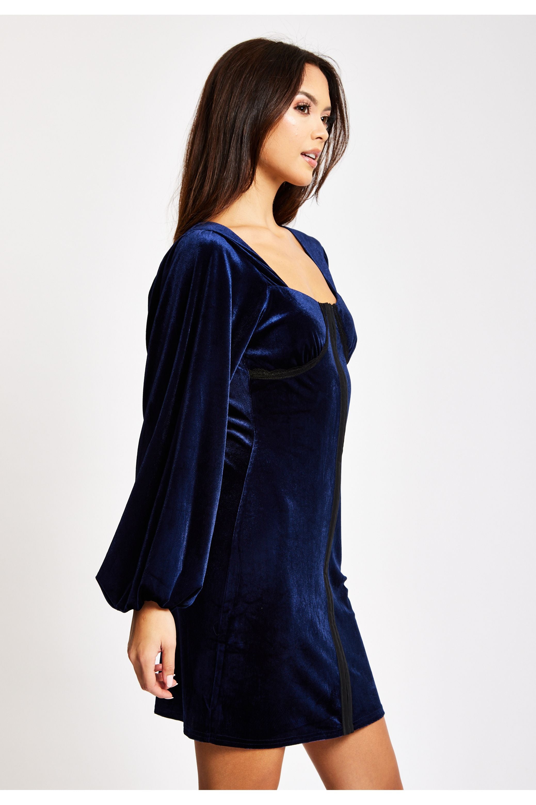 Corset Detail Mini Navy Velvet Dress LIQ23AW067N