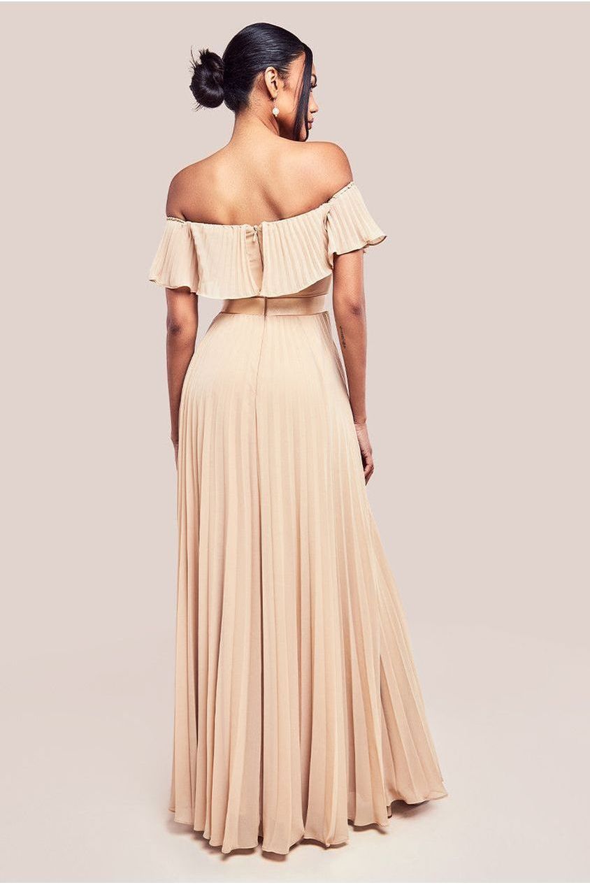 Pleated Chiffon Off Shoulder Maxi Dress - Beige DR3805