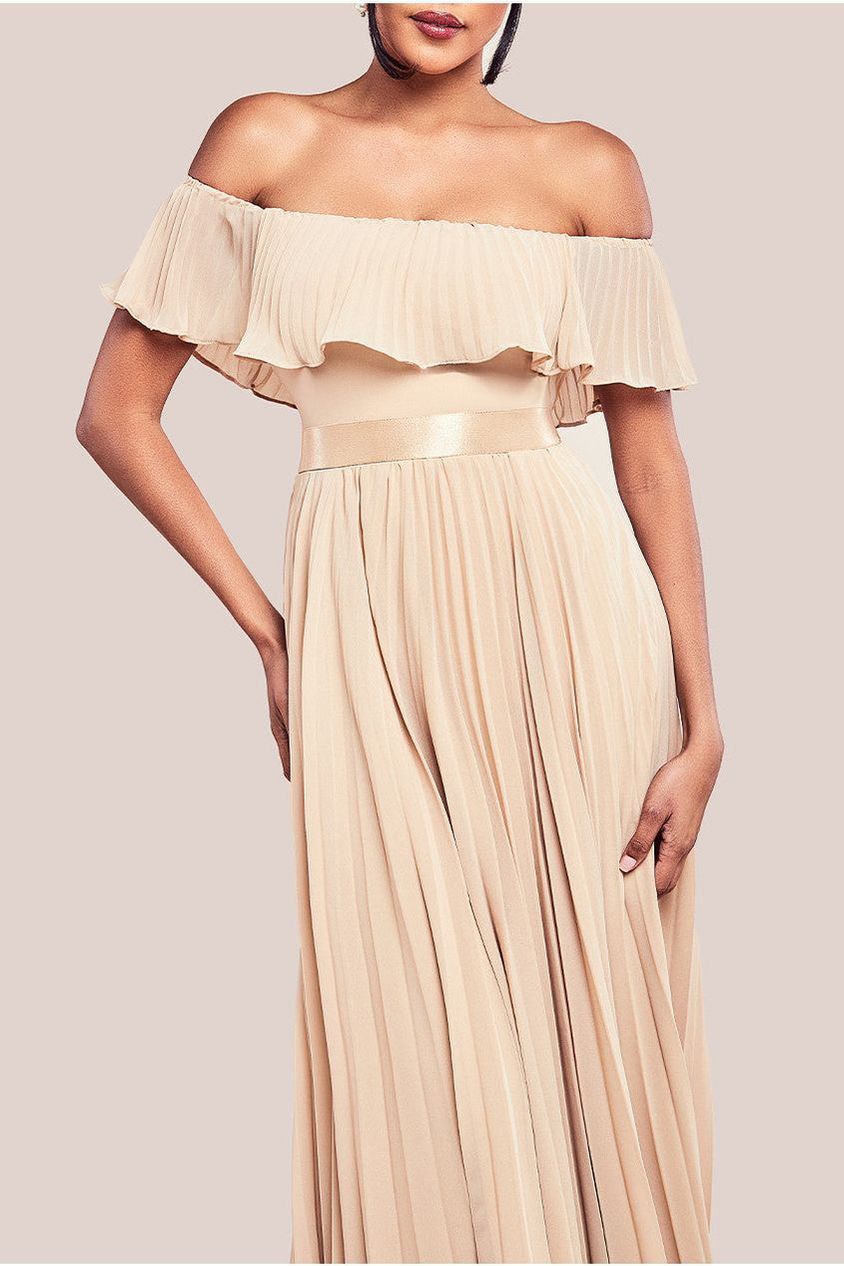 Pleated Chiffon Off Shoulder Maxi Dress - Beige DR3805
