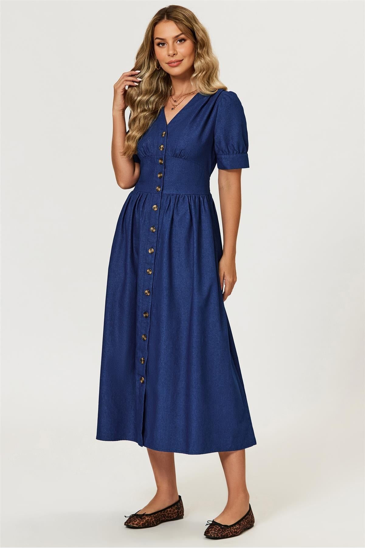 Denim Midi Dress In Blue FS873-Blue