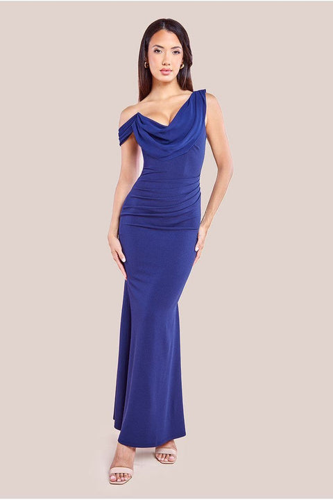 Cowl Neck One Shoulder Scuba & Chiffon Maxi Dress - Navy by Goddiva