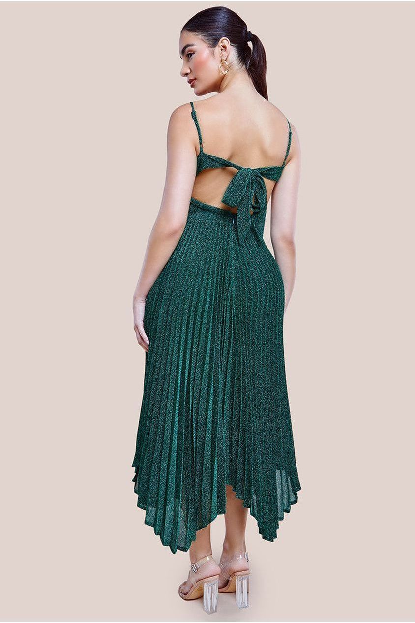 Tie Back Pleated Lurex Skater Midi Dress - Emerald DR4246