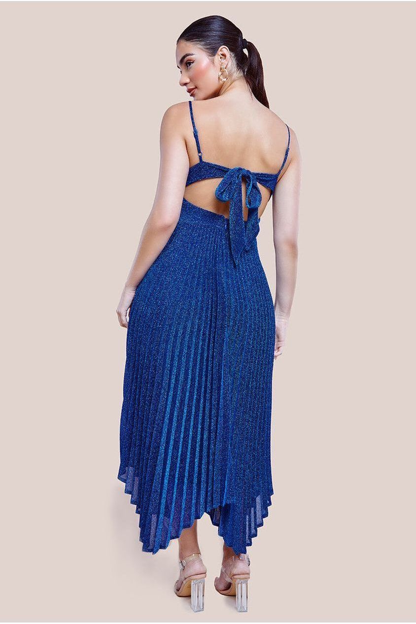 Tie Back Pleated Lurex Skater Midi Dress - Royal Blue DR4246