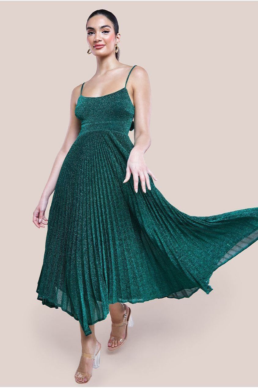 Tie Back Pleated Lurex Skater Midi Dress - Emerald DR4246